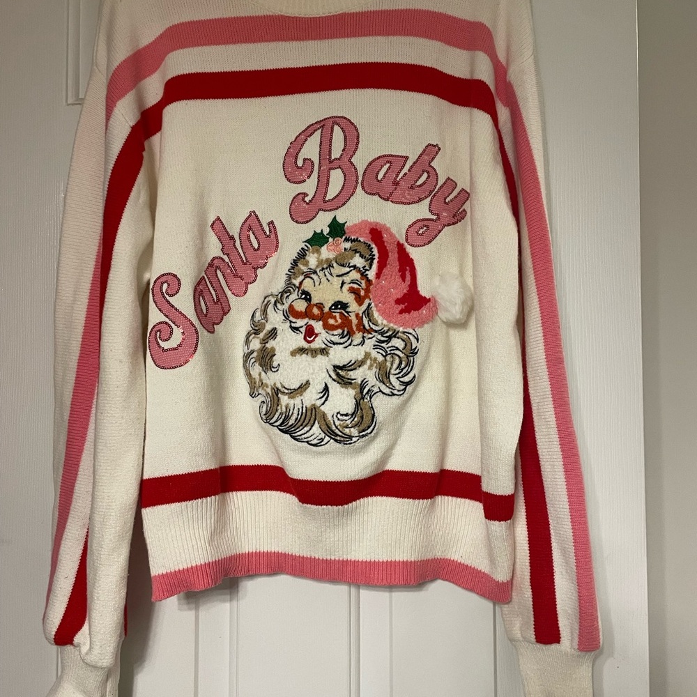 Queen of Sparkles Santa Baby Christmas Sweater - Pink and White